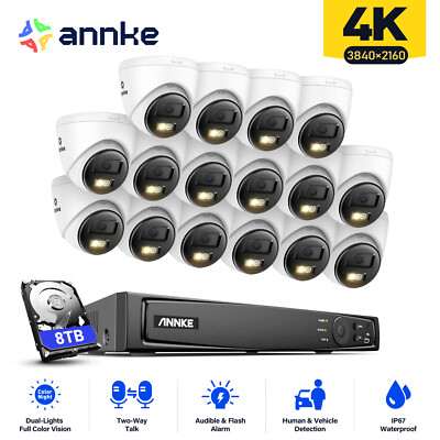 ANNKE 16CH 12MP NVR PoE 4K Color Night Security Camera System Two Way Audio IP67