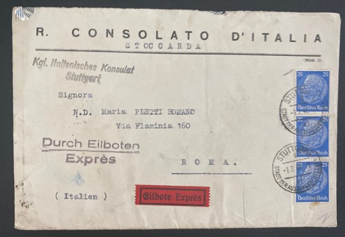 1940 Stuttgart Germany Italian Consulate Diplomatic Cover To Rome Italy ...