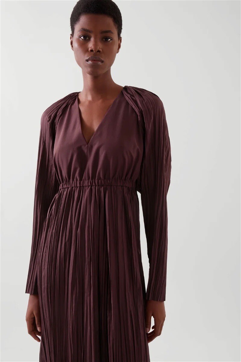 Cos 12 Burgundy Long Sleeve Pleated Accordion V Neck Maxi Midi Dress  Recycled | eBay