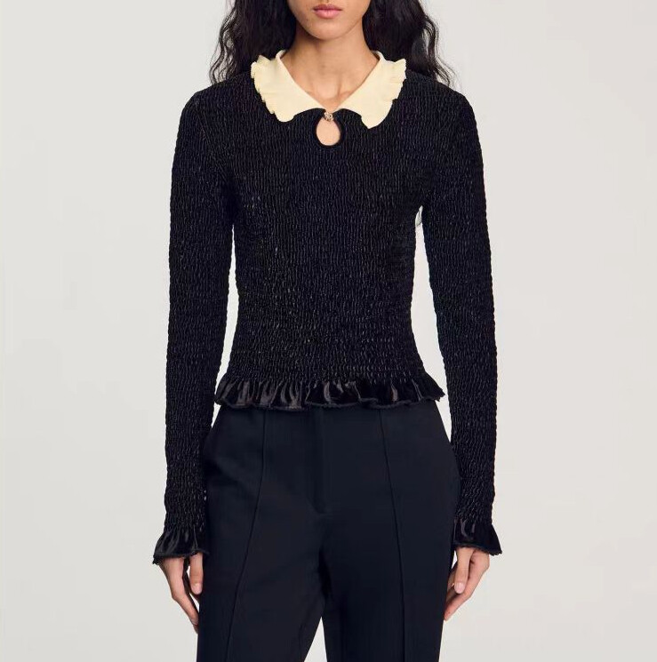 Women Sandro Polo Collared Velvet Contrasting Slim Long Sleeve Top