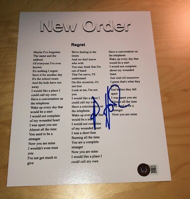 Peter Hook New Order Bassist Regret Signed Lyric Sheet Beckett