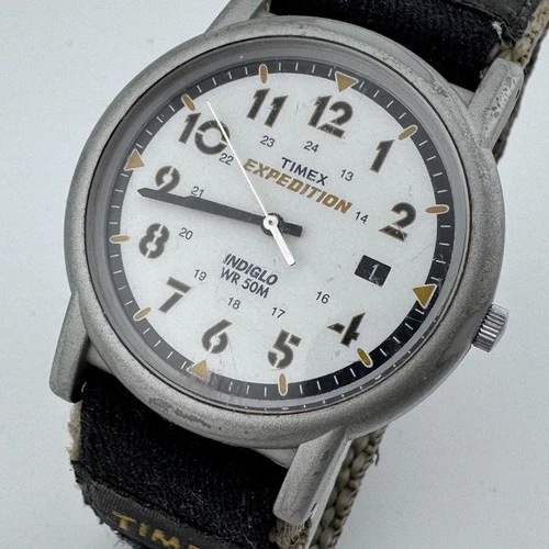 VTG Timex Indiglo Expedition Military Quartz Watch Men Silver Date New Battery