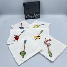 Crate & Barrel Tidbits Appetizer Coasters Cotton Embroidered Set 6 Fruit Cheese