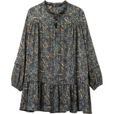Zara Mini Dress Large Blue Paisley Metallic Tiered Ruffle Boho Whimsigoth