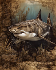 8x10 Great White Shark gliding forward, light rays - vintage sketch - 201623891