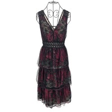 Size 12 BHLDN Burgundy Black Lace Midi Dress Gothic Floral Mesh Party Prom