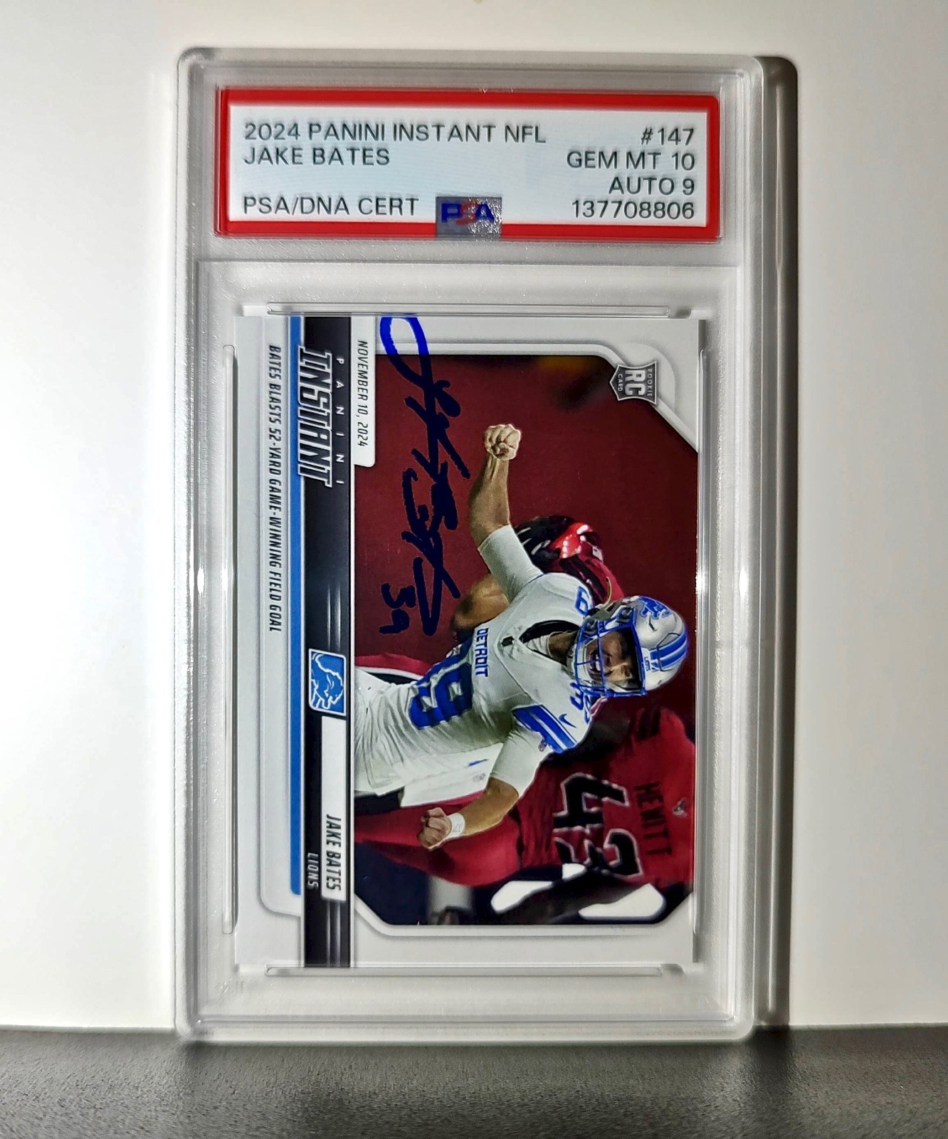 Jake Bates Rookie 2024 Panini NFL #147 Detroit Lions PSA 10 Auto 9