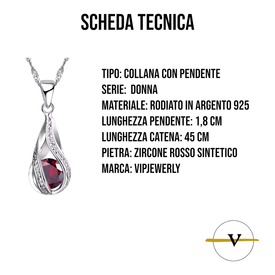COLLANA DONNA RODIATO IN ARGENTO 925 CON PENDENTE E ZIRCONE ROSSO - Immagine 3 di 4