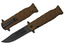 Spring-Assist Folding Knife Black Blade Brown Rubber Handle Tactical EDC 4.75in