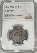 1846 Braided Hair Large Cent NGC AU58 - Rare TALL DATE Version - Sharp Details!