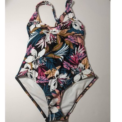 Kona Sol One Piece Swimsuit Tropical Twist Back Medium 8-10 Floral Plants