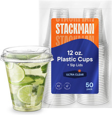50pcs 12oz Clear Plastic Cups w/ Strawless Sip-Lids - Crystal Clear Disposable