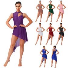 Women's Floral Lace Lyrical Dance Dress Irregular Tulle Skirt Leotard Dancewear