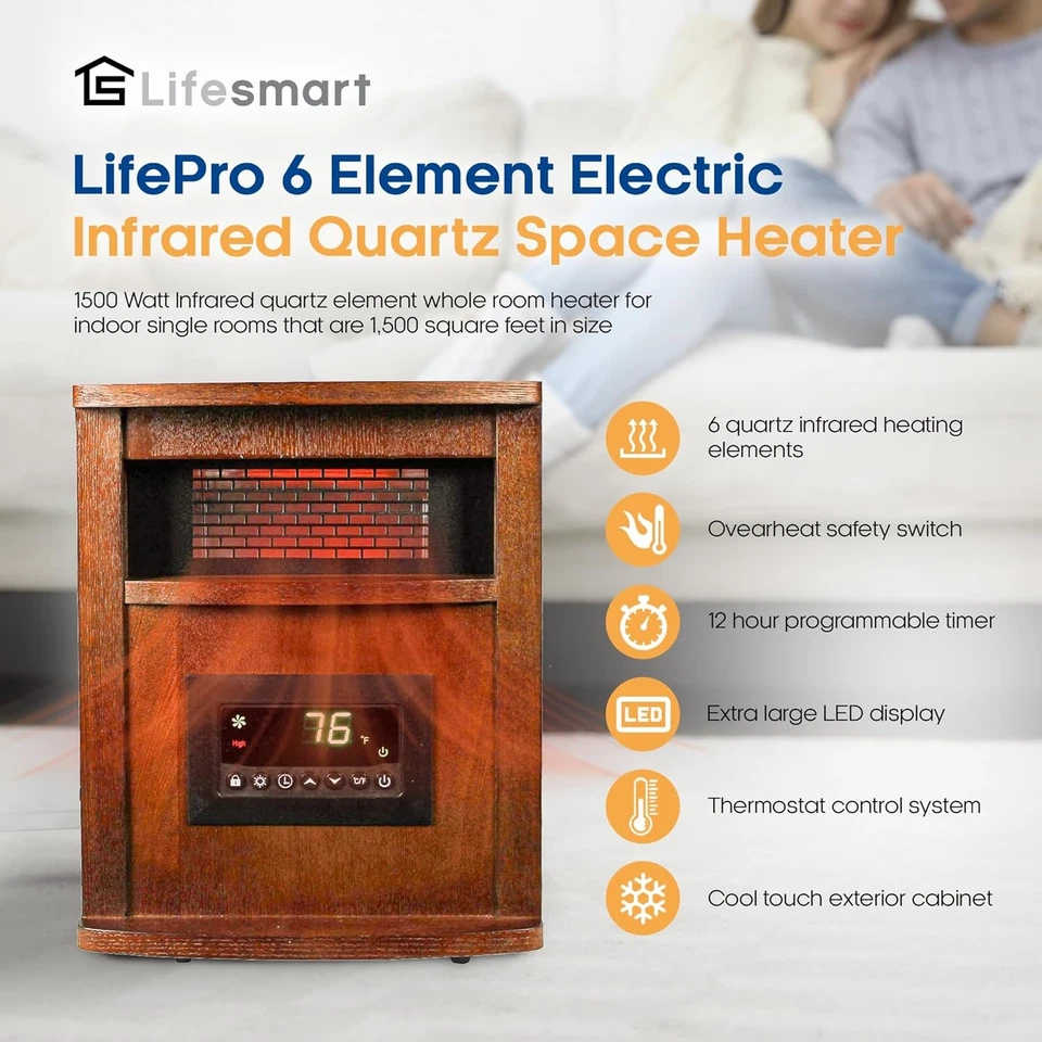 LifeSmart Calentador Espacial Infrarrojo Cuarzo con Ruedas y Mando a Distancia, LifePro 6 Elementos, Foto 2 de 4