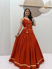 Indian Rust Orange Pure Cotton Lehenga Choli Set Women Mirror Work Party Wear