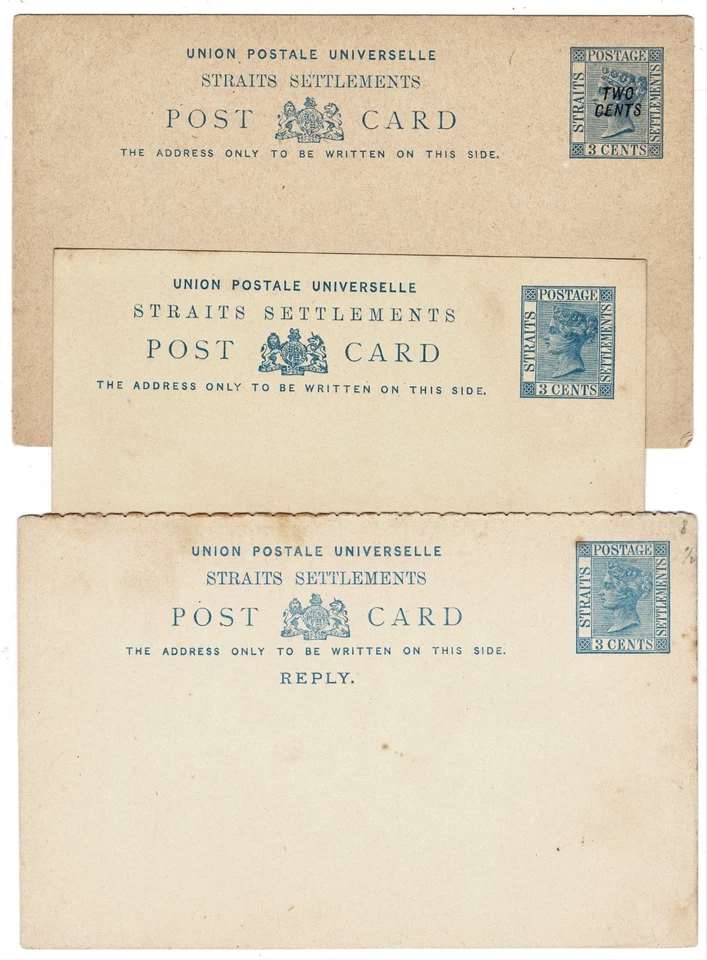 Lote de 3 tarjetas azules de papelería postal Straits Settlements KGV con respuesta Foto 2 de 3