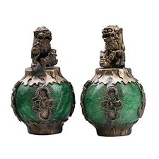 Acxico 1Pairs Exquiste Chinese Silver Dragon Inlaid Jade Hand Carved Lion Sta...