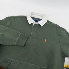 Polo Ralph Lauren Mens Medium Rugby Sweatshirt Green White Collar Red Pony Logo