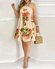 Women’s Floral Halter Dress Boho Backless Summer Beach Sleeveless Sundress