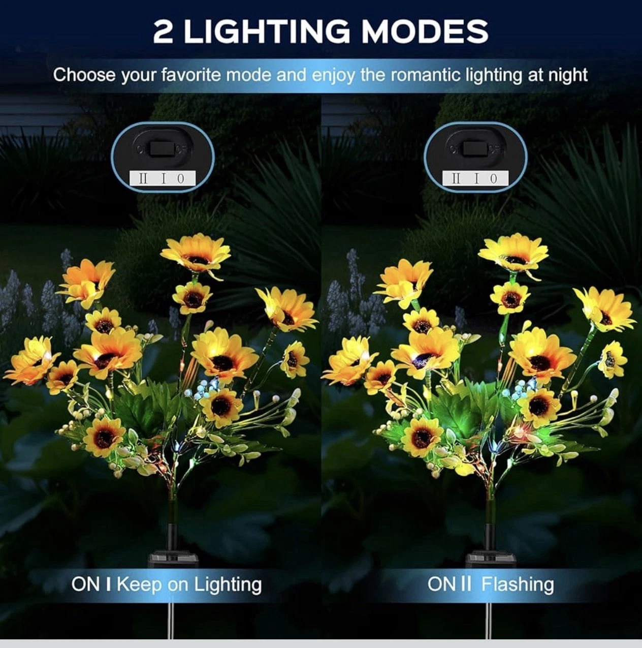2 Pack Solar Sunflower Garden Stake Lights, Warm White Outdoor LED Decor