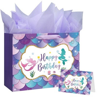 Laidans 13'' Large Mermaid Happy Birthday Gift Bag with Handle, Tissue Paper a...
