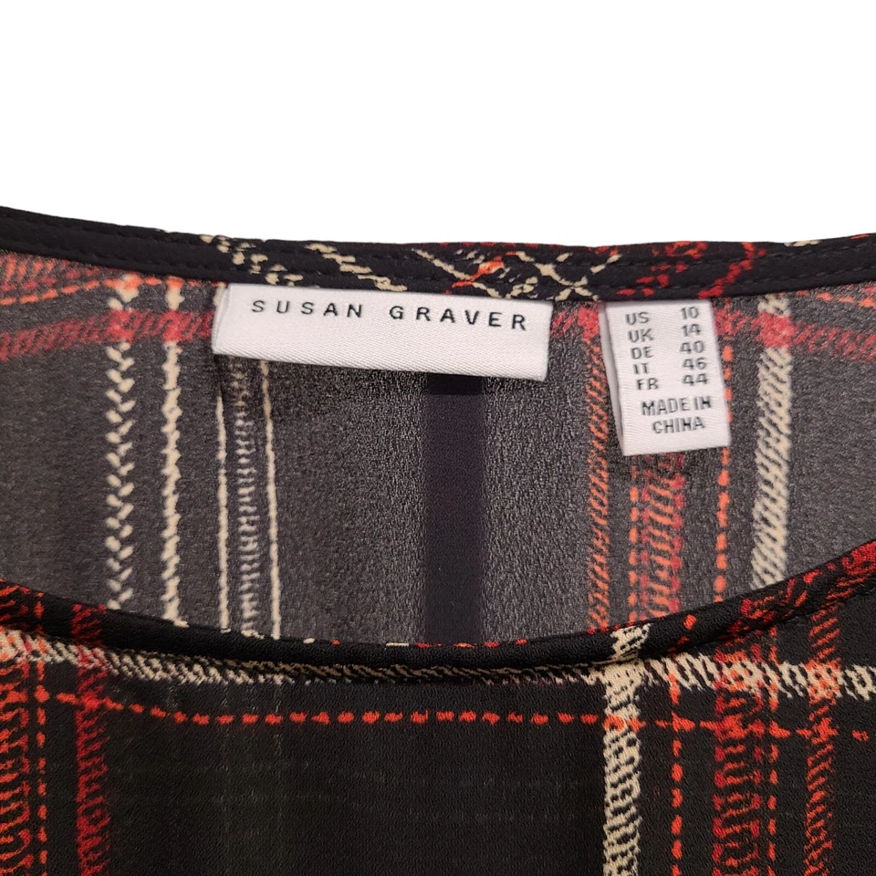 Top Susan Graver para mujer talla 10 negro a cuadros plisado manga campana semi transparente Foto 3 de 4