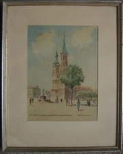 Watercolor Braunschweig Hagenmarkt St. Katharinen Church Antique Frame Signed