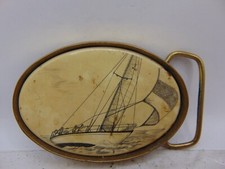 Vintage 1983 Barlow Faux Scrimshaw Solid Brass Belt Buckle Sailing Boat Yacht