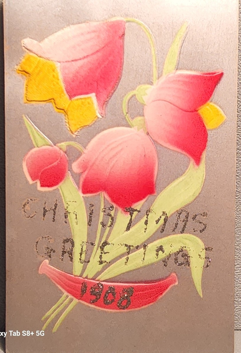 1908 Bright Christmas Greetings Postcard~Glitter, Embossed