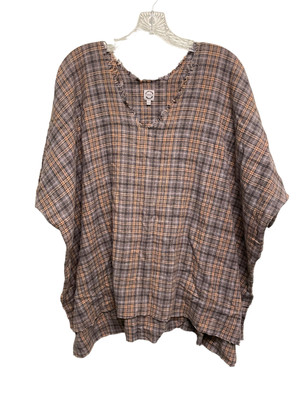 Handmade Women Tunic One Size Brown Plaid Oversized Fringe Relaxed Lagenlook