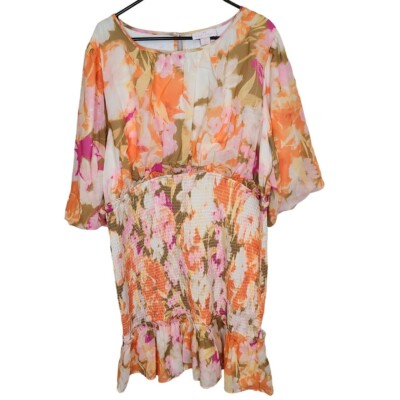 rachel parcell orange dress Rachel Parcell Womens XXL Orange Spring Floral Smocked Chiffon Tulip Dress