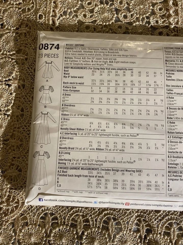 Simplicity 0874 Costume costplay Renaissance medieval Sewing Pattern Size 6-14 - Image 4 of 4