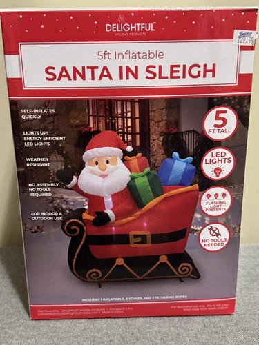 5 FT Christmas Inflatable Santa with Build-in LEDs, Blow Up on Fancy Sleigh Cute - 第 4/4 張圖片