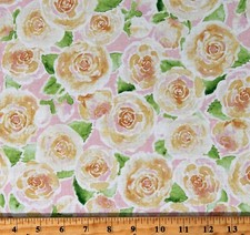 Cotton Lawn Yellow Roses Flowers Floral Pink Fabric Print by the Yard D138.04
