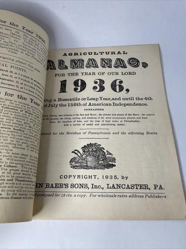 Vintage 1936 John Baers Sons Agricultural Almanac Lancaster Penn Farmers Almanac - Picture 4 of 7