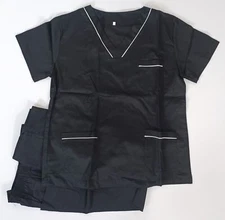 AURNEW Unisex Stylish Scrubs Set Uniform W/Piping Pockets Top, Pants, Black, L