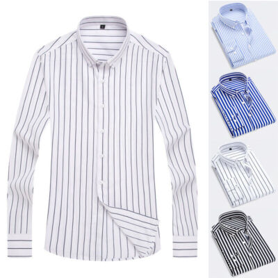 Mens Long Sleeve Retro Striped Shirt Button Up Grandad Casual Dress Shirts Tops