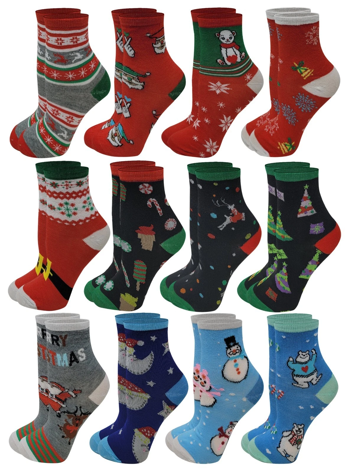 Different Touch 12 Pairs Kids Christmas Assorted Novelty Design Crew Socks