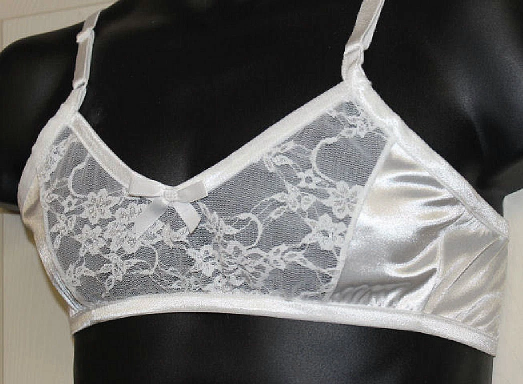 Nel-jen Satin Bra for Men Sissy WHITE LACE Training Bra custom made in AA-  A & B