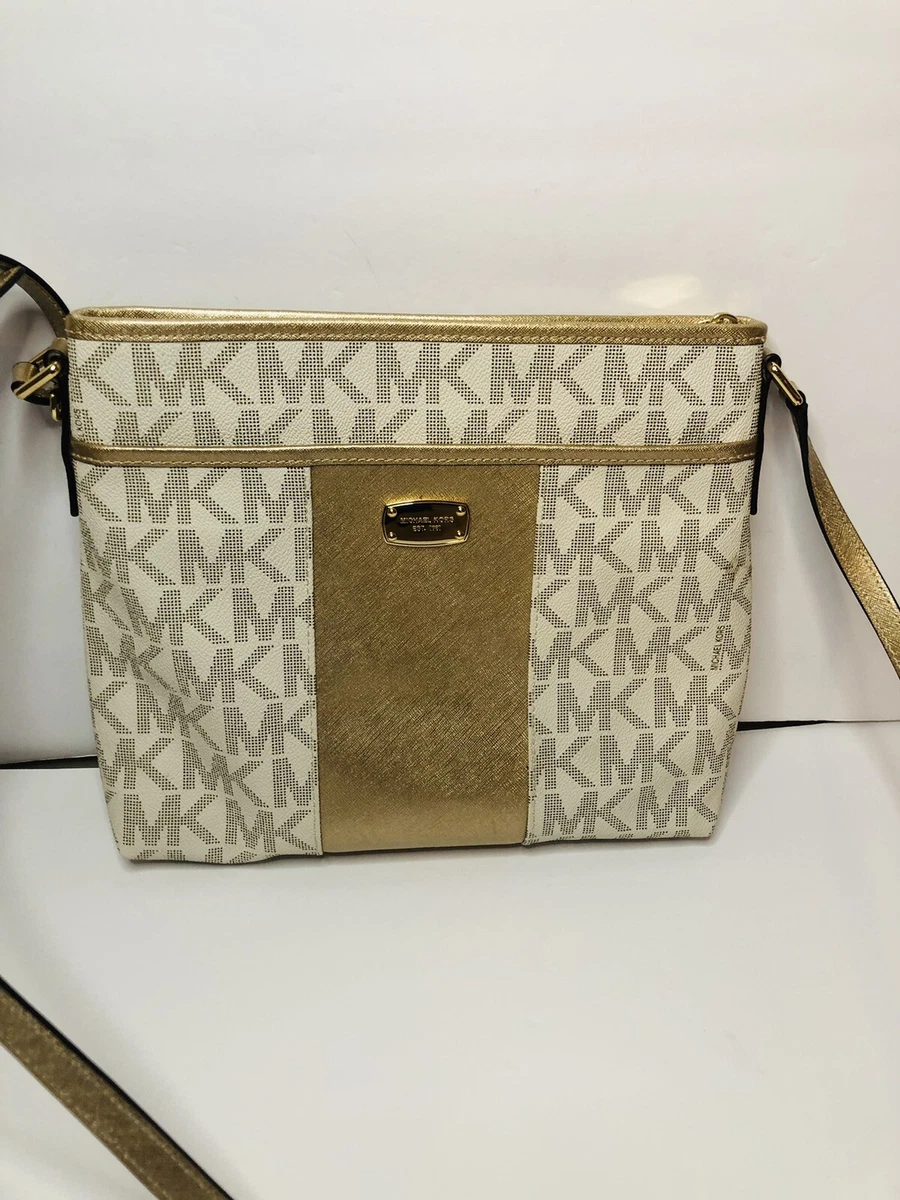 Michael Kors Crossbody Bag Met Center Stripe Vanilla/Gold Latge | eBay