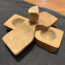 VTG Wood Double Two Pot Salt Pepper Spice Cellar Holder Box Swivel Lid Handle