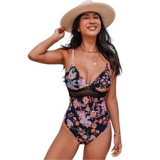 Cupshe Women's Floral V Neck Cut Out One Piece Swimsuit Blue Size XL