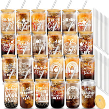 24 Teacher Appreciation Gift Sets - 16 Oz Glass Cups with Lids Straws