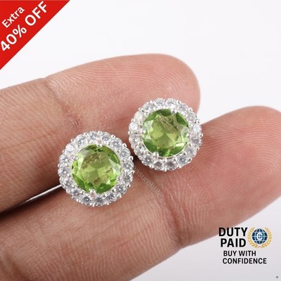 Round August Birth Peridot Stone Cz Sterling Silver Stud Post Earrings Jewelry