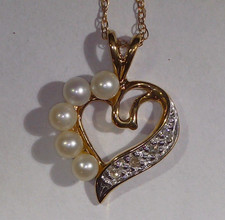 10K Yellow Gold White Pearls  Diamond Accents Open Heart Pendant Necklace - 20"
