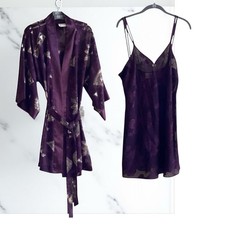 Vintage 80s Peignoir Set Nightie  Kimono Robe California Dynasty Purple Ivory L