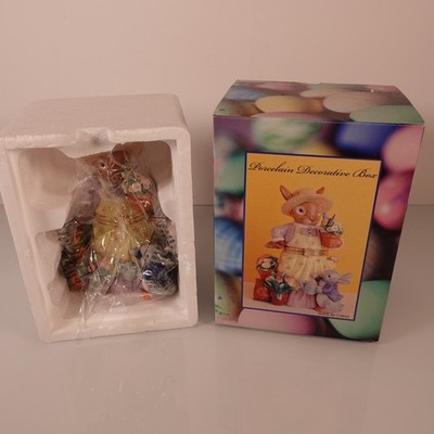 Easter Bunny Rabbit Porcelain Keepsake Box Hand Painted Gardener Trinket Hinged