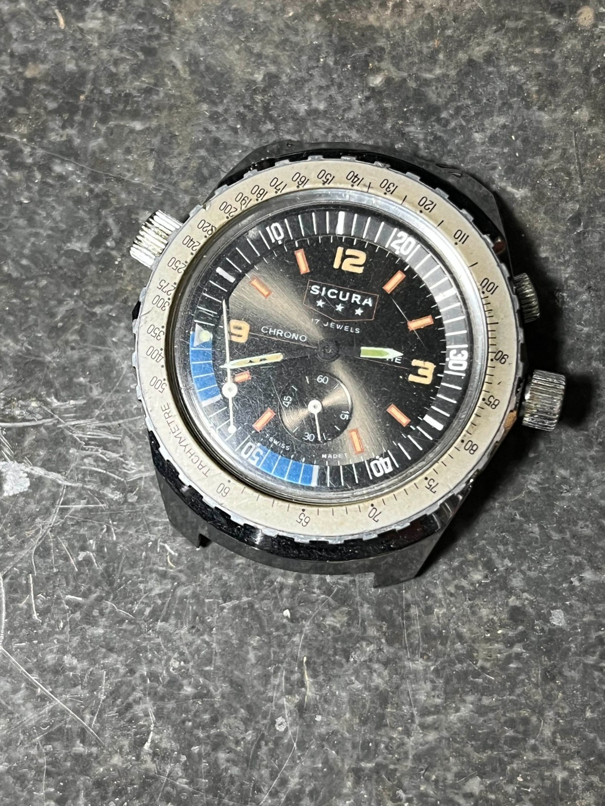 Vintage Sicura 17 Jewels Men's Chrono Diver Black Dial Wristwatch