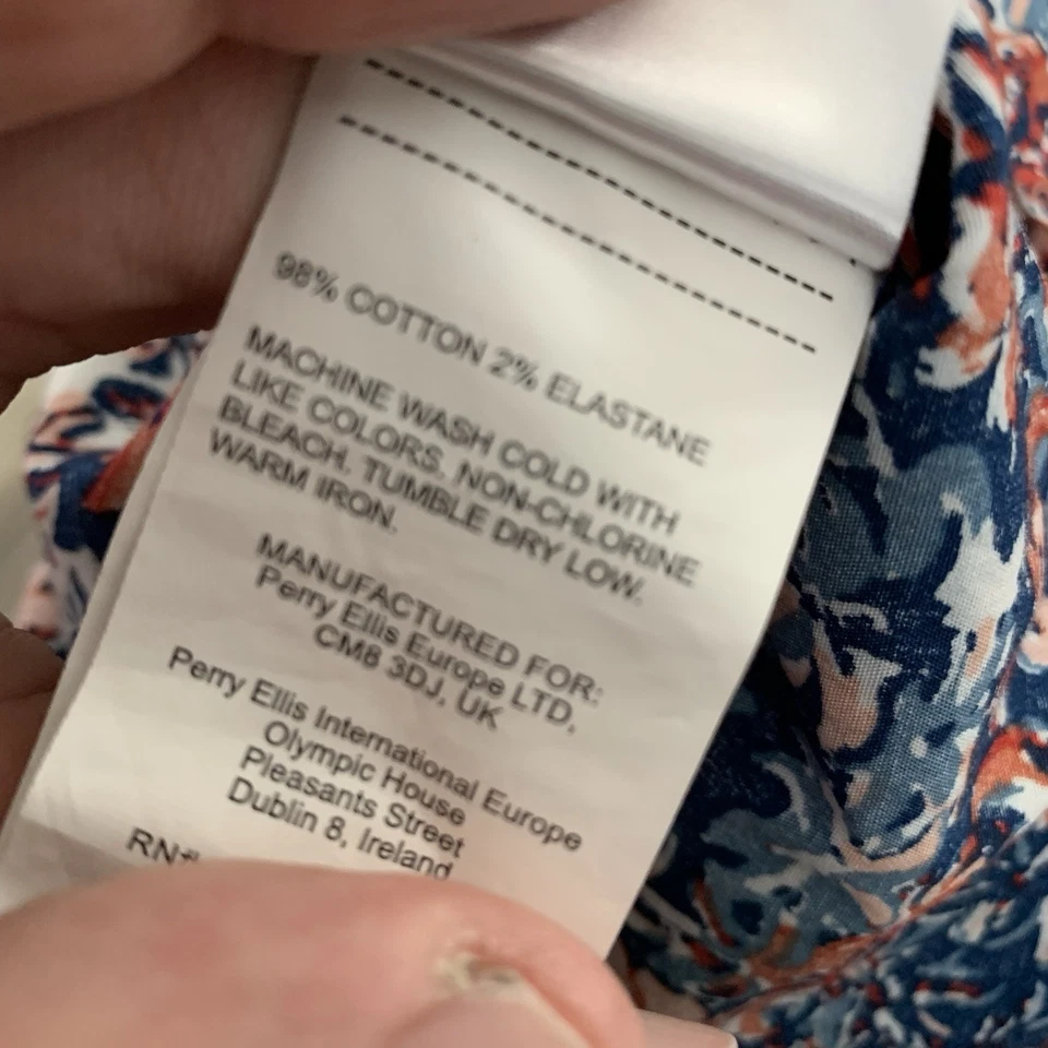 Camisa Perry Ellis Grande Alta Para Hombre XLT Azul Naranja Floral S/S Algodón Elástico Foto 4 de 4