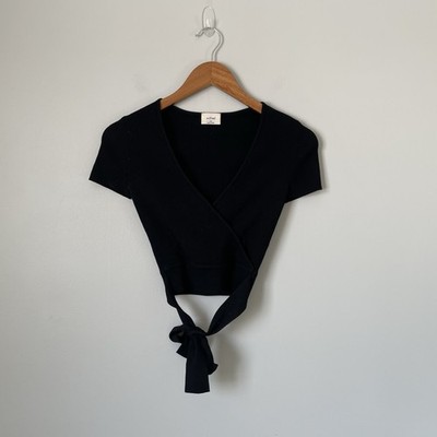 Wilfred Aritzia All Tied Up Sweater Top Cropped Black Ribbed Women's Size XS